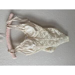 LE LIS Star Lace Bodysuit bustier star print cut out satin sheer top Med cream